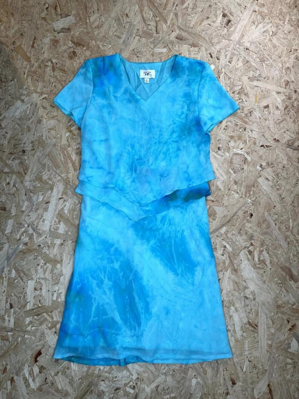 DR Dress Womens 14P Blue Tie Dye Layered Chiffon V-Neck Short Sleeve Petite